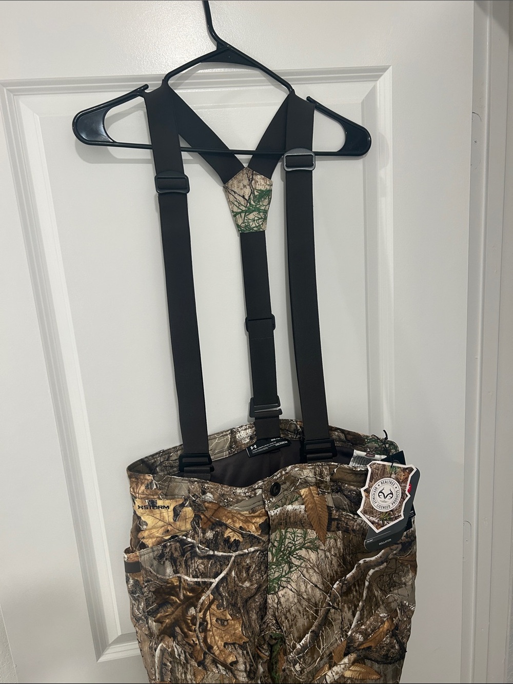 Realtree Brown and Green Camo Hunting Bib Overalls with Black Suspenders